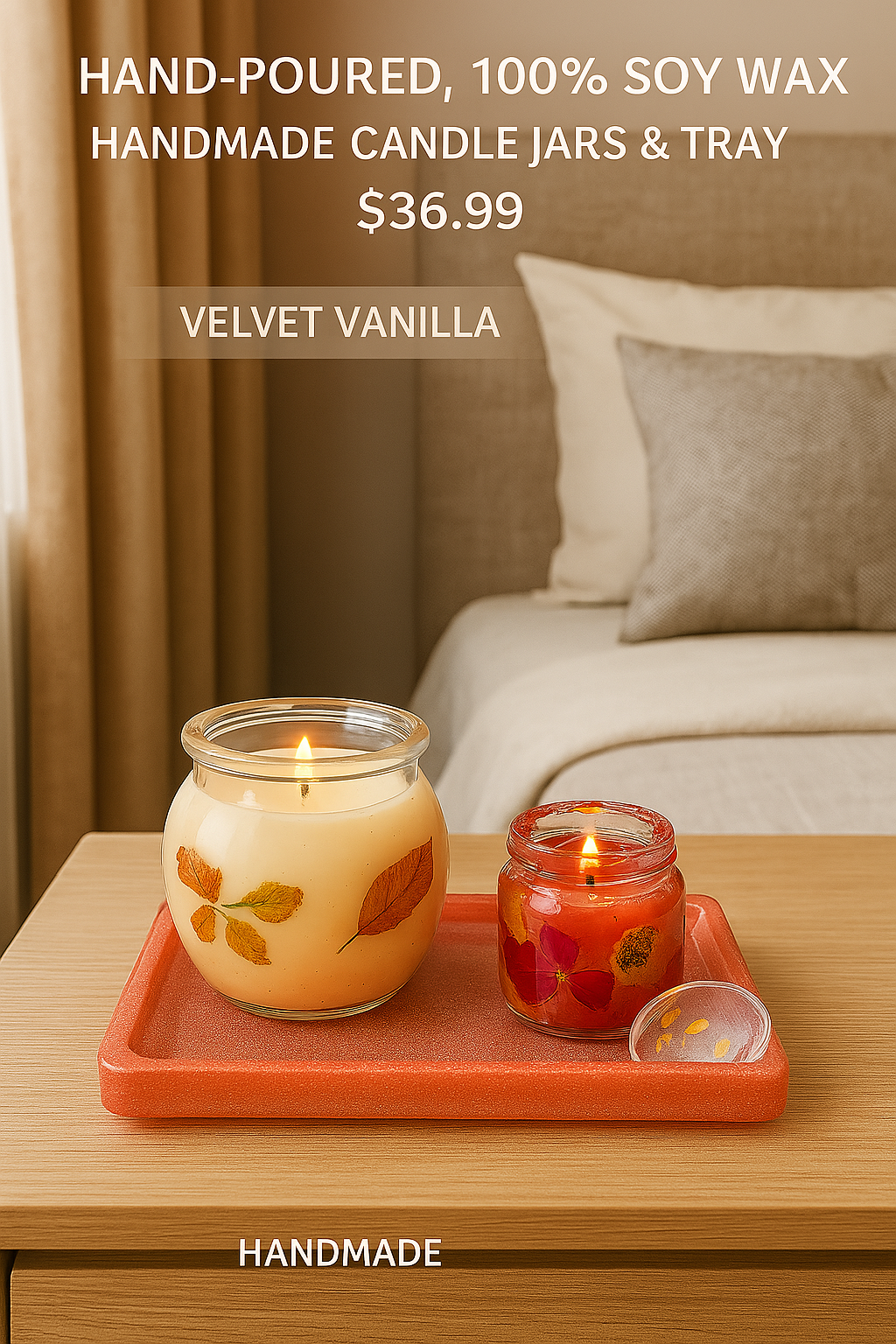 Hand-poured, all-natural soy candle and handmade jar, scents vary and can be requested. Perfect Jar